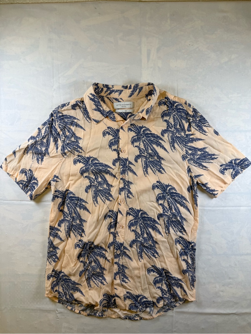 Cotton On Beige Short Sleeve Blue Palm Print Button-Down Shirt